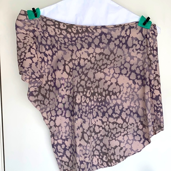 Rebecca Taylor One Shoulder Top Mauve Gray Leopard Print Crepe Blouse - Picture 2 of 12